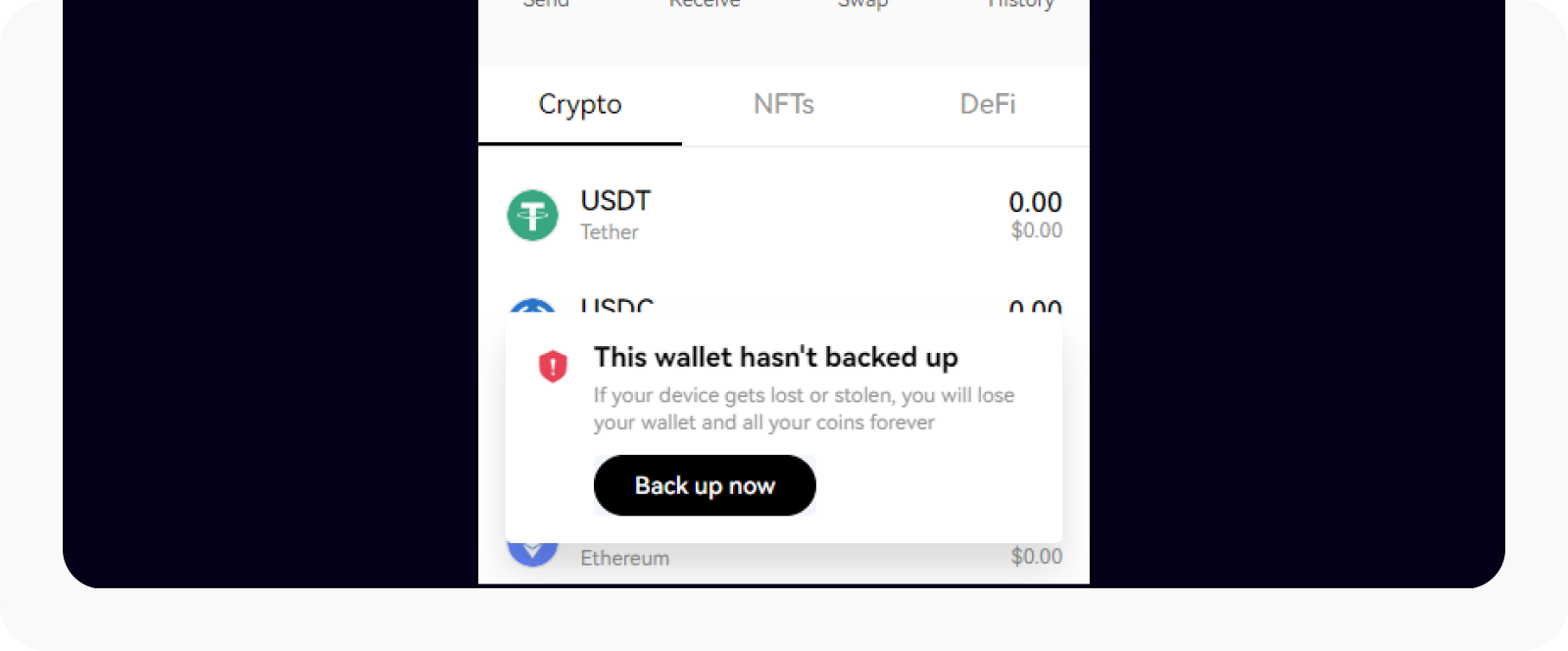Select Back Up Now to back up your wallet